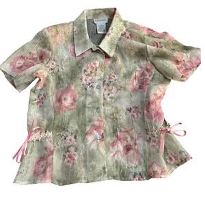Vtg Floral Sheer Blouse Button Down Pastel Green Pink Womens 8 Ribbon Fairy